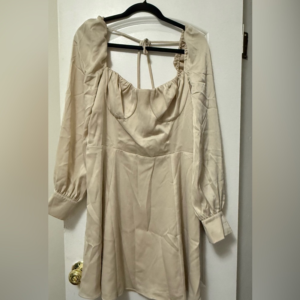 Leyden Cream Satin Long Sleeve Midi Dress